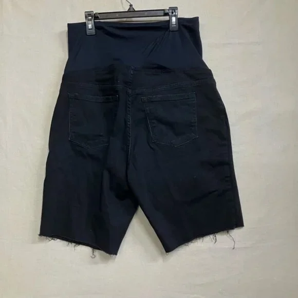 Isabel Maternity Women's 12 Black Crossover Panel Bermuda Jean Shorts Over Belly - Picture 5 of 14